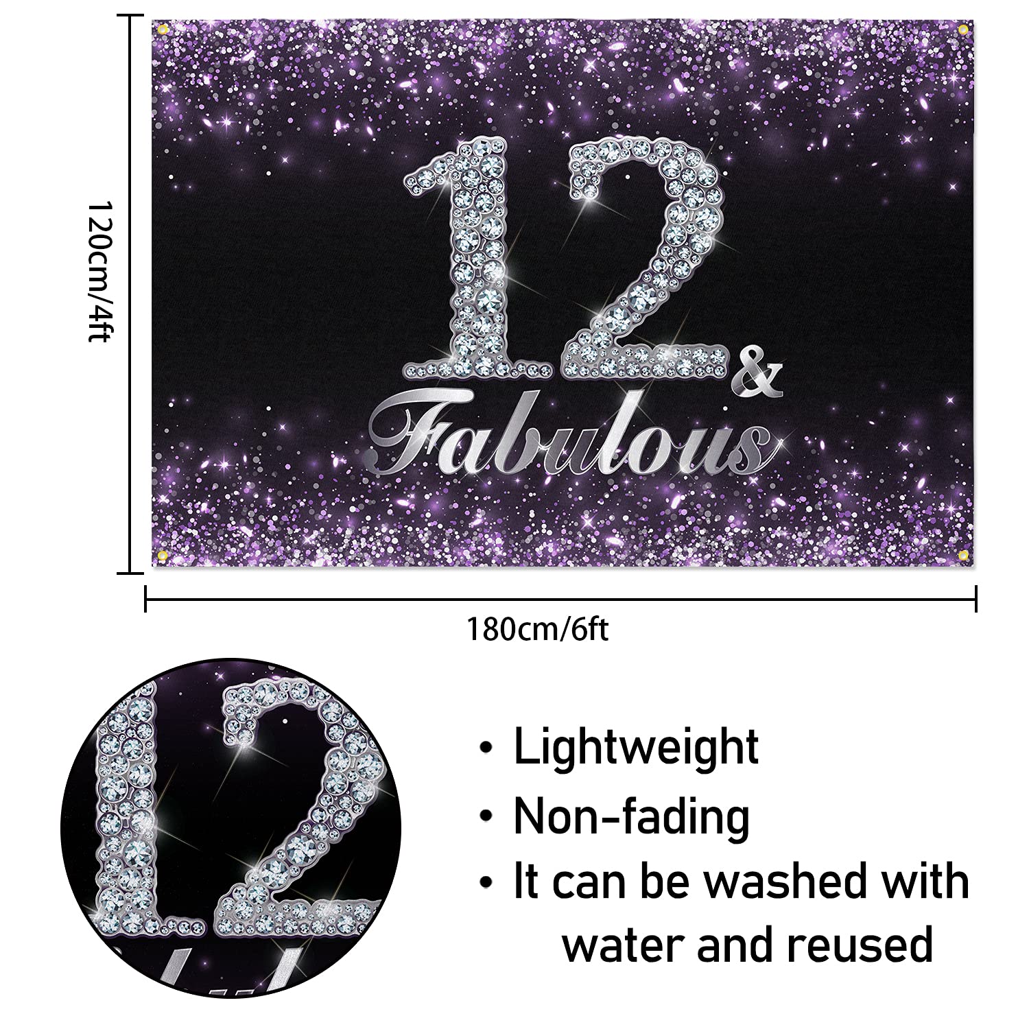 Hamigar 6X4Ft Happy 12Th Birthday Banner Backdrop - 12 & Fabulous Birthday Decorations Party Supplies For Girls - Purple